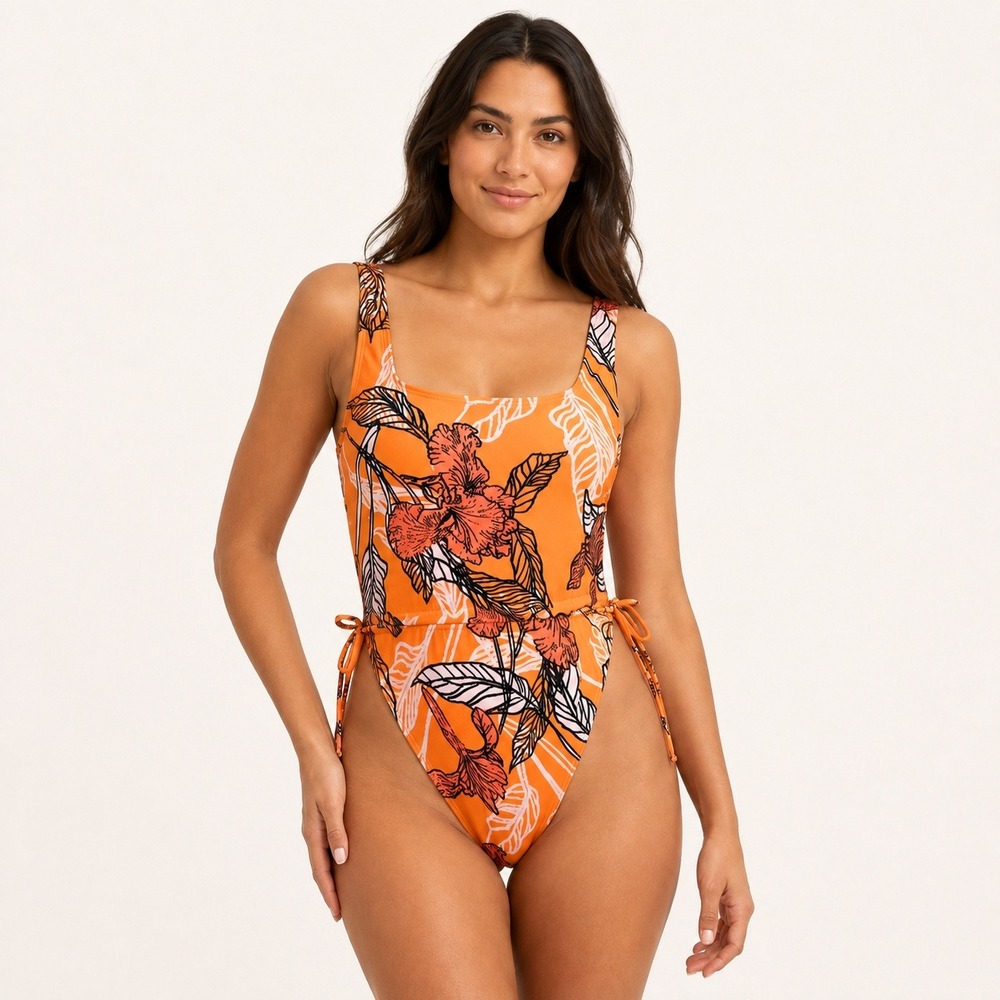 Hutch Mendes Floral One Piece Swimsuit Open Back Orange Tropical Floral NWT Lrg